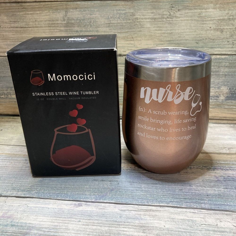 Momocici - Stainless Steel WINE‎ TUMBLER " NURSE" NIB Rose Gold Glitter